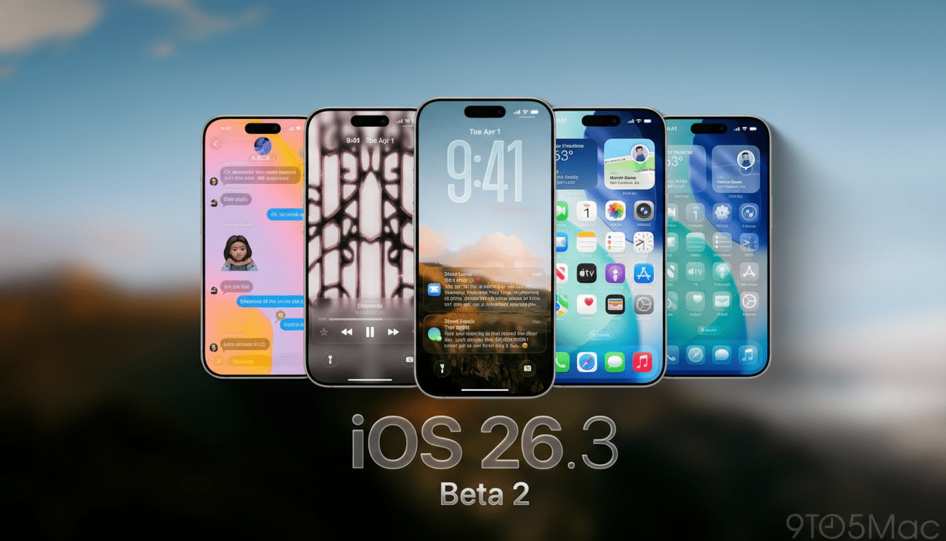 Five iPhones displaying different iOS 26.3 Beta 2 screens, including messages, music, lock screen, and home screen, against a blurred outdoor background.