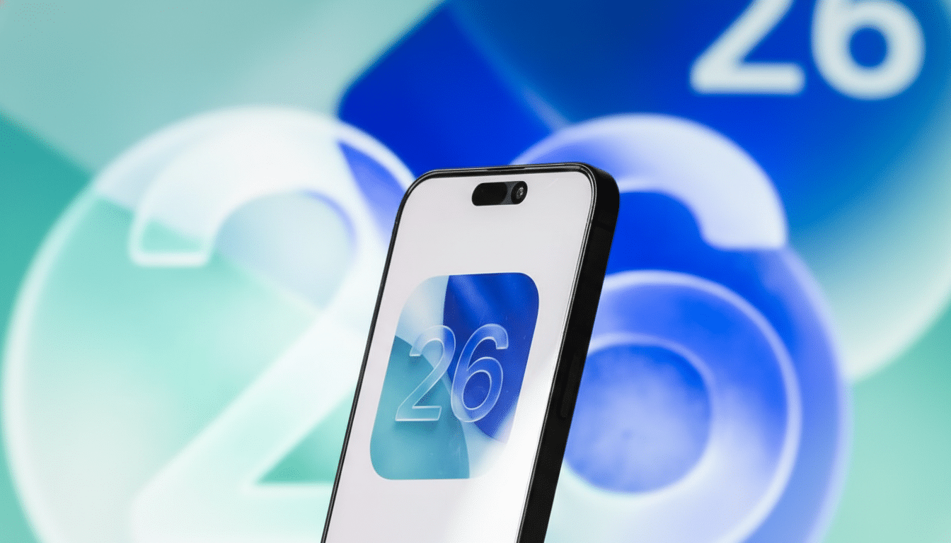 A close-up shot of an iPhone displaying an app icon with the number 26 on its screen, set against a blurred background of large, stylized 26 figures in shades of blue and green.