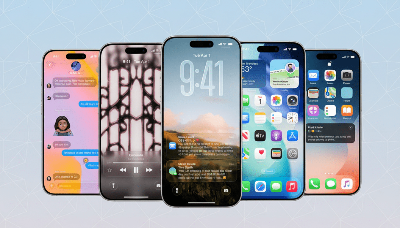 Five iPhones are displayed in a row, each showing a different screen interface. The background is a light blue with a subtle geometric pattern.