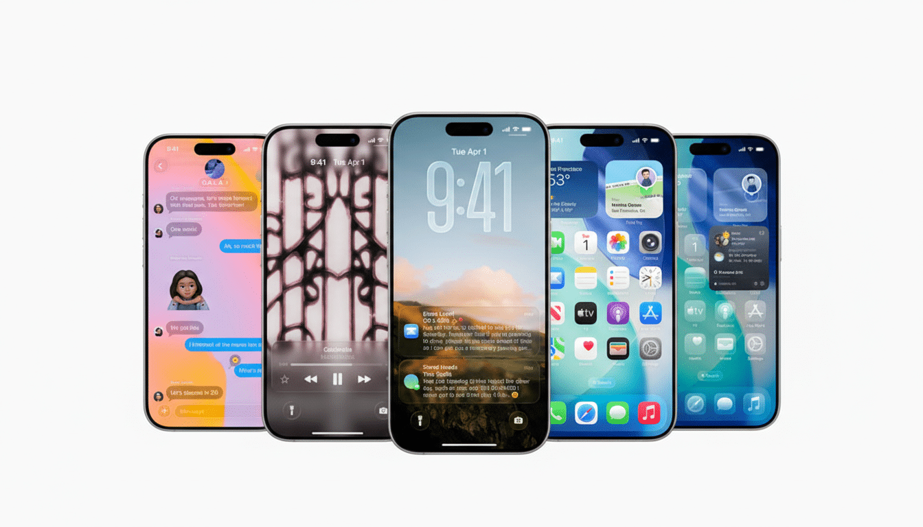 Five iPhones are displayed in a row, each showing a different screen interface. The phones are angled slightly towards the viewer, with the central phone being the most prominent. The backgrounds of the phones vary, showcasing different apps and wallpapers.