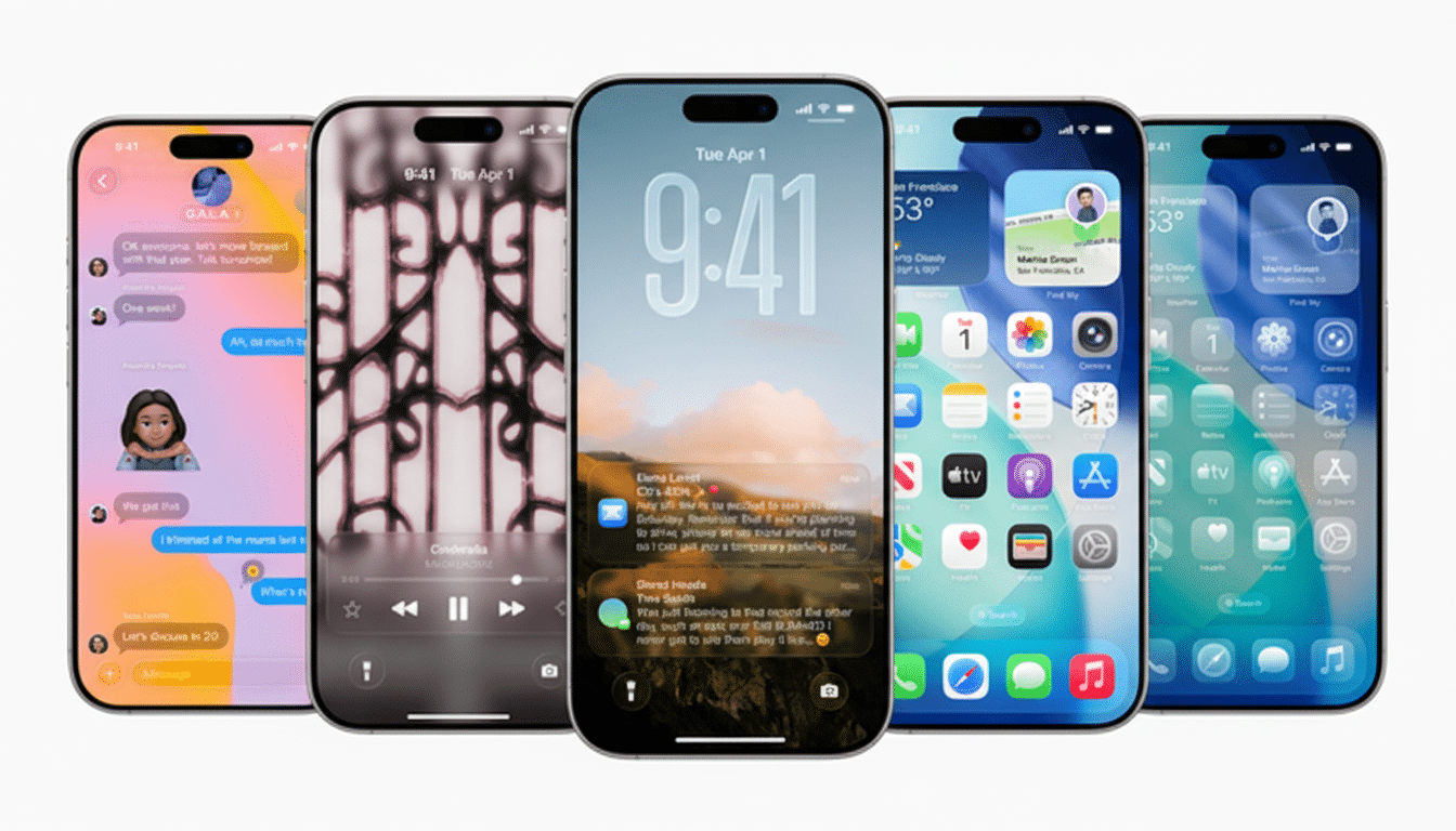 Five iPhones displayed side-by-side, showcasing different screen interfaces including messages, music, lock screen, and app icons.