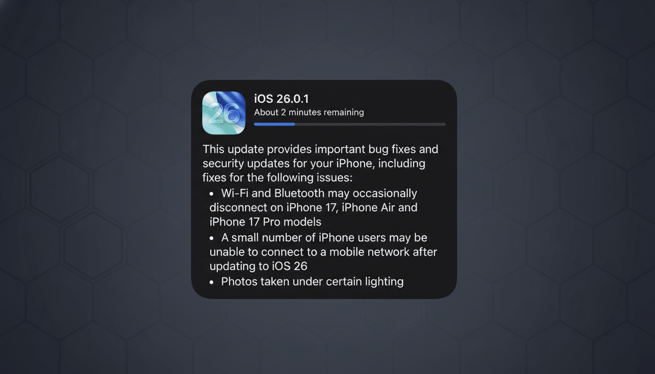A screenshot of an iOS update screen for iOS 26.0.1, showing bug fixes and security updates for iPhone 17, iPhone Air, and iPhone 17 Pro models. The update addresses Wi-Fi and Bluetooth disconnections, mobile network connectivity issues, and photo lighting problems. The screen is centered on a dark, subtly patterned background.