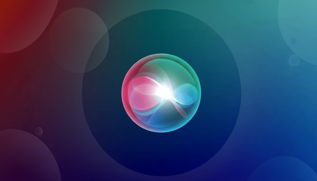 A 16:9 aspect ratio image featuring the Siri icon, a translucent sphere with swirling pink, blue, and green light, centered against a professionally enhanced background of soft, gradient colors transitioning from red to blue, with subtle circular patterns.