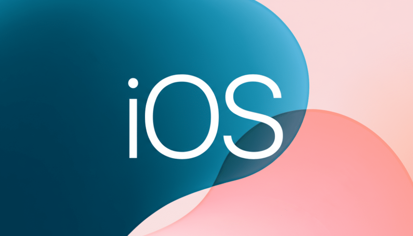 The iOS logo, featuring the white iOS text on a background of teal and pink abstract shapes, resized to a 16:9 aspect ratio with a professional, clean presentation.