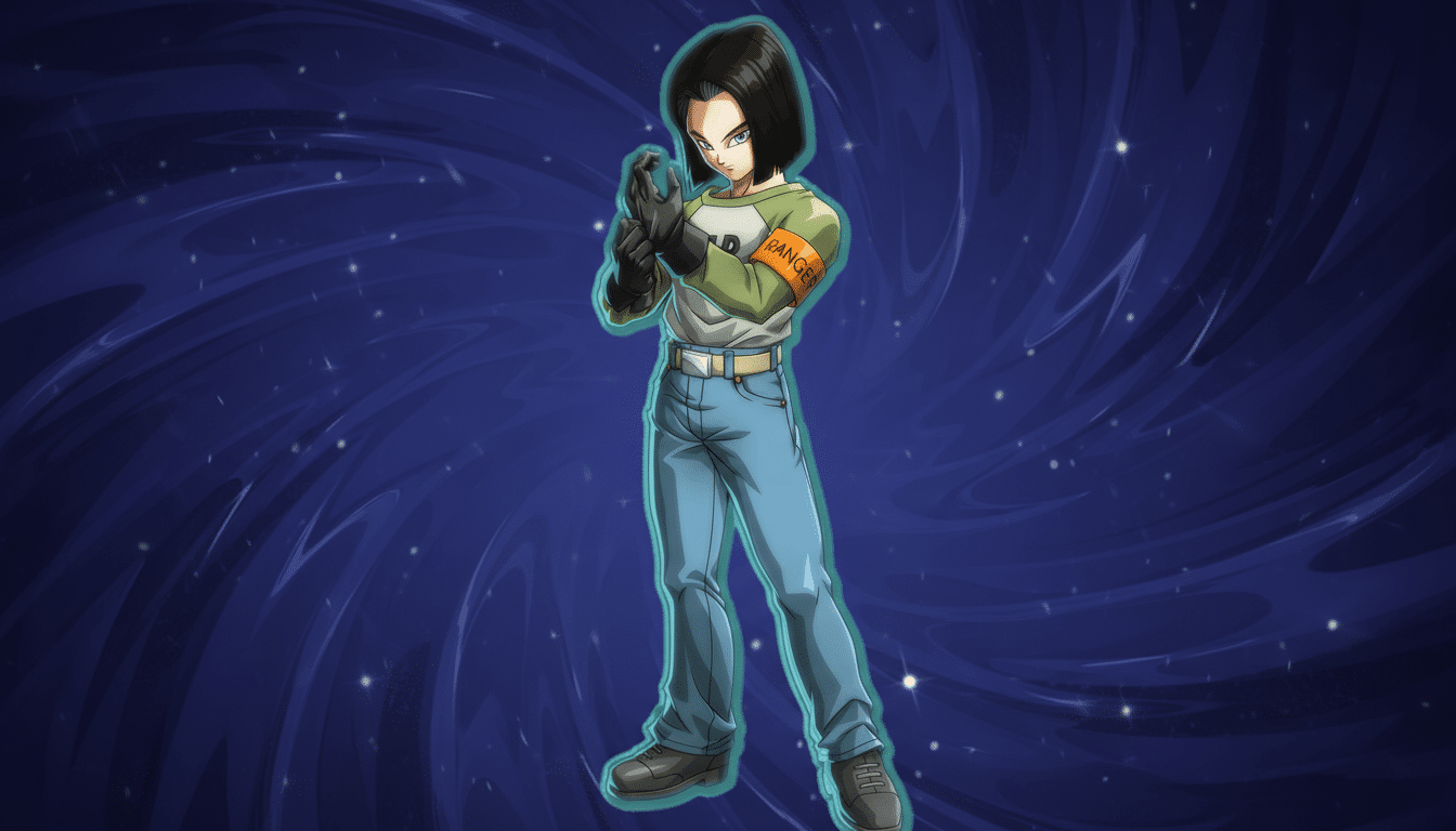 Android 17 from Dragon Ball Super, standing with his hands together, against a dark blue background with a swirling pattern.