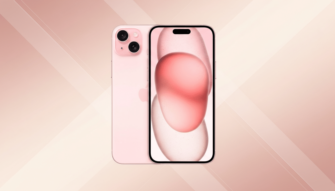 A pink iPhone 13, shown from the back and front, with a soft pink and white gradient background with subtle geometric patterns.