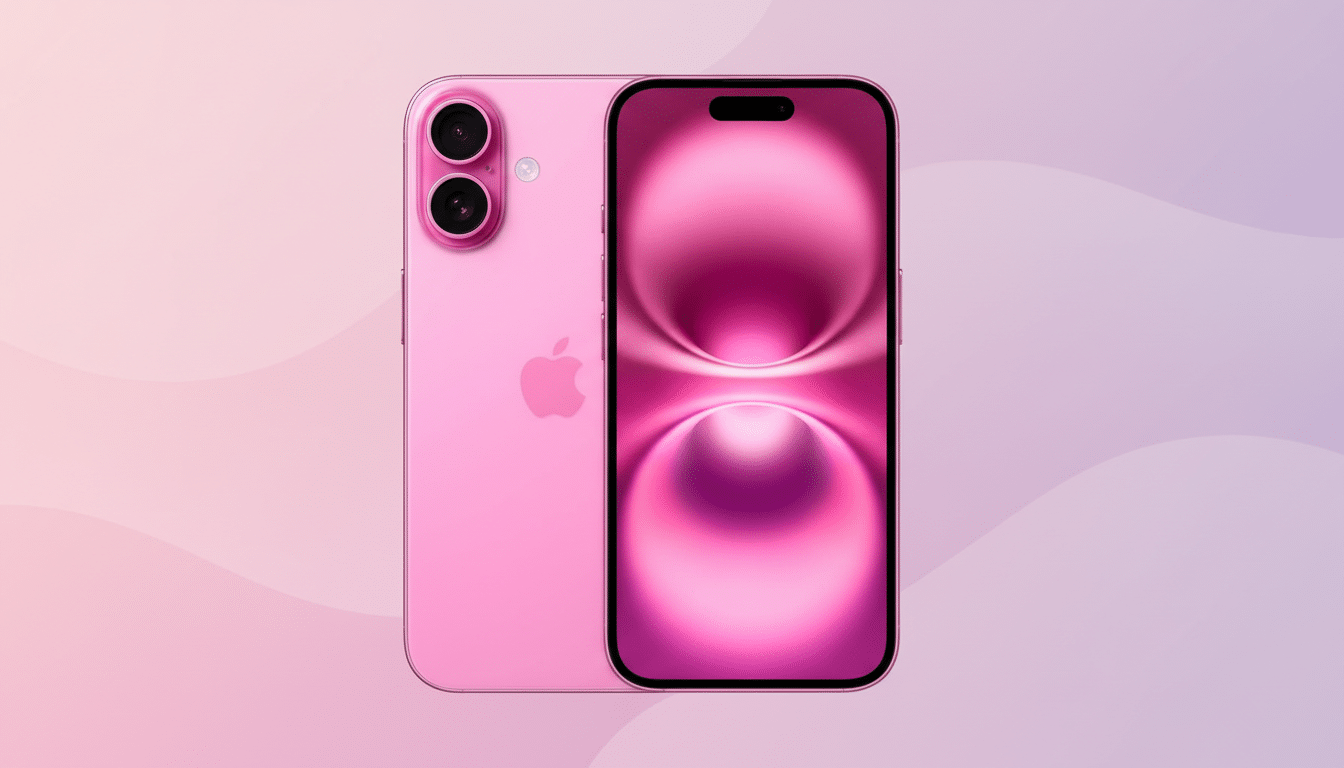 A pink iPhone 15, with its front and back visible, set against a soft gradient background of pink and purple hues.