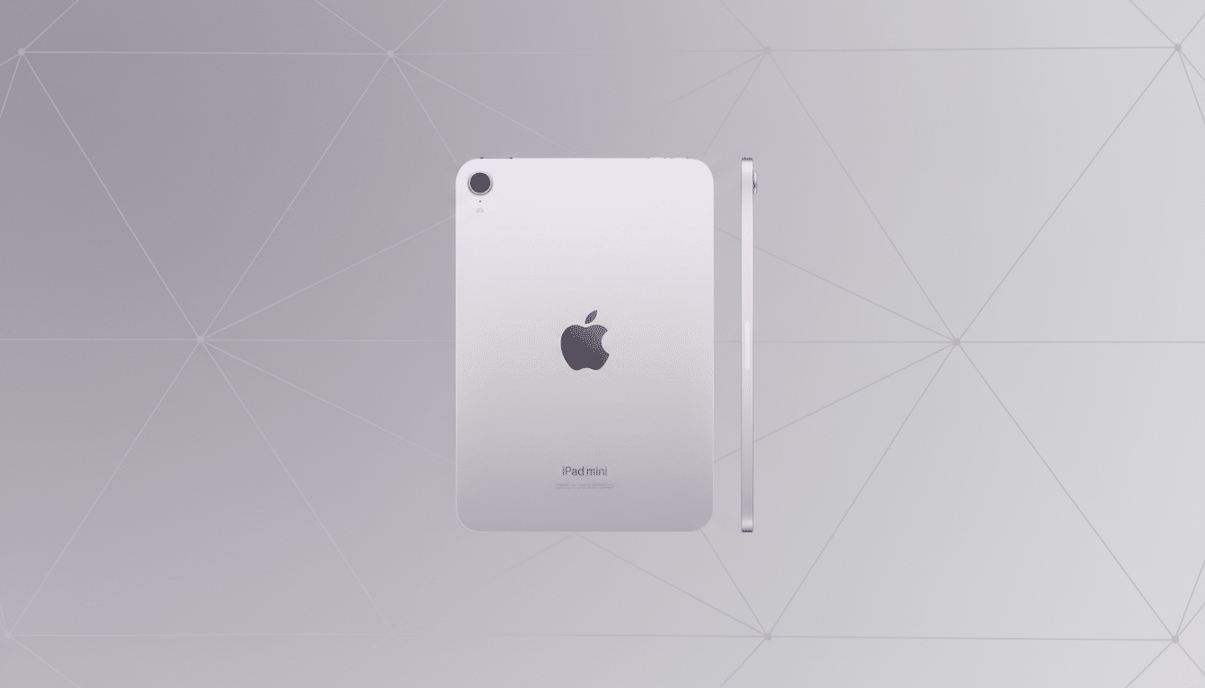A silver iPad mini is shown from the back, with its side profile visible next to it, against a professional flat design background with soft geometric patterns and a gradient.