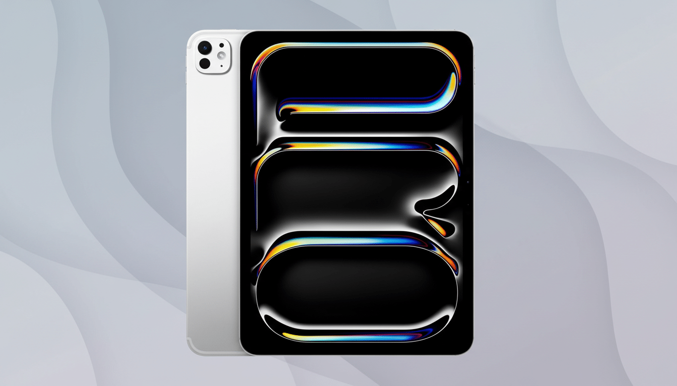 A silver tablet with a black screen displaying colorful abstract shapes, set against a professional gray background with subtle wave patterns.