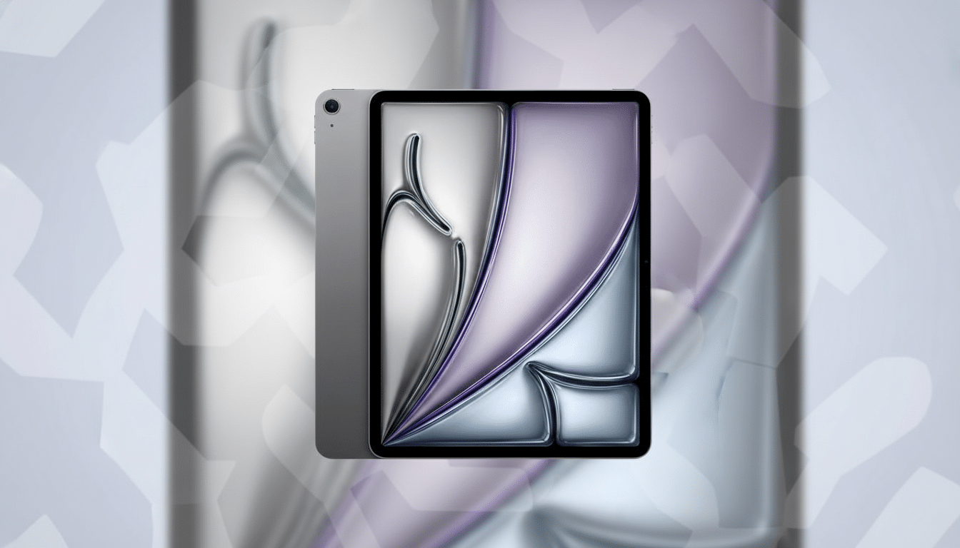 A gray iPad with a screen displaying an abstract design in silver, purple, and blue, set against a professional flat background with soft, geometric patterns in similar colors.
