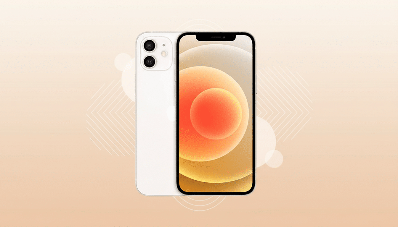 A white iPhone 12, showing both its front and back, set against a professional flat design background with soft patterns and gradients.