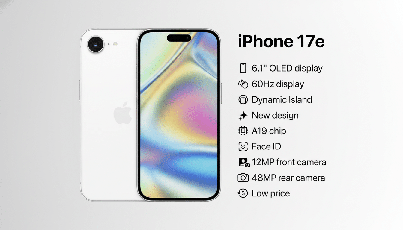 A white iPhone 17e with its screen displaying a colorful abstract wallpaper, next to a list of its features including a 6.1 OLED display, 60Hz display, Dynamic Island, new design, A19 chip, Face ID, 12MP front camera, 48MP rear camera, and low price.