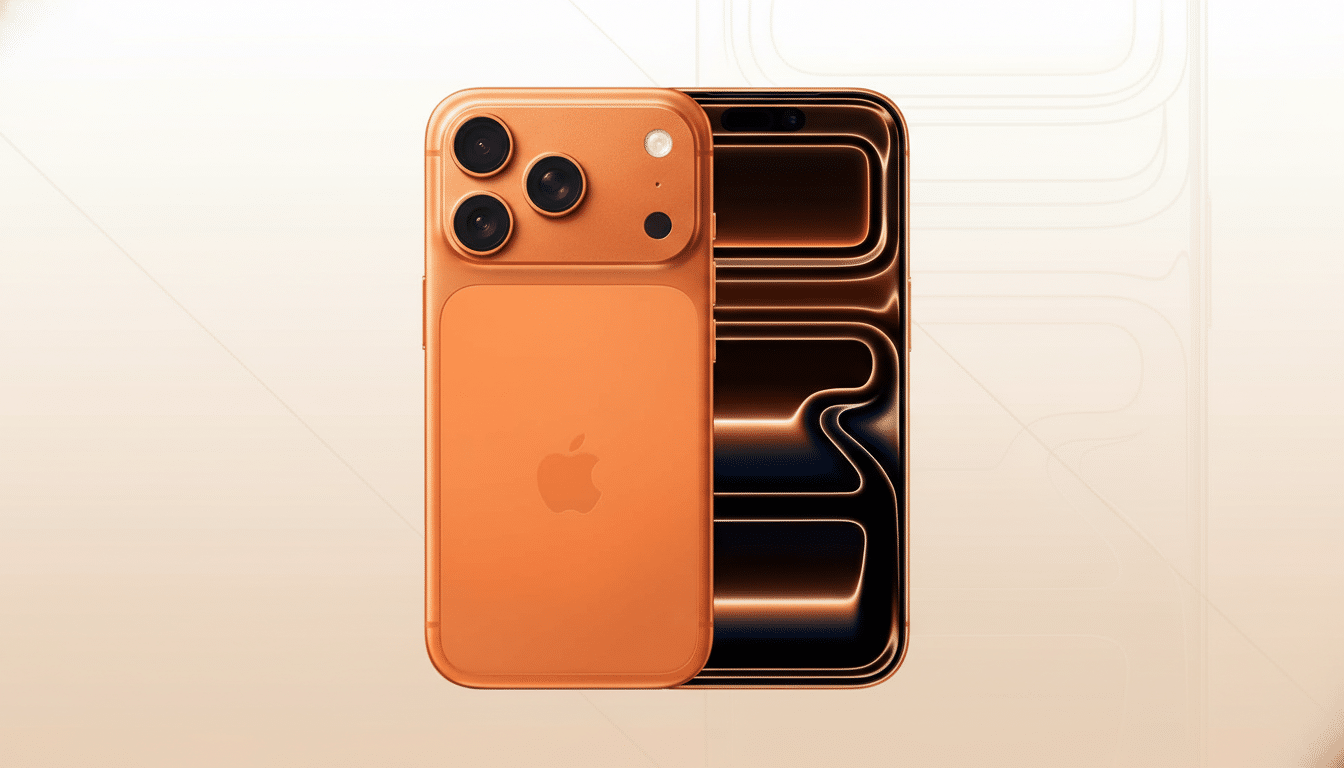 An orange iPhone with three cameras on the back, next to another orange iPhone displaying a glowing abstract pattern on its screen, set against a professional flat design background with soft patterns and gradients.