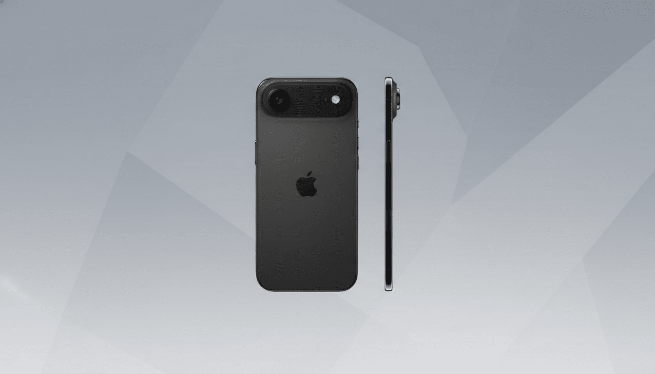 A black iPhone with a single camera lens on the back, presented against a professional flat design background with soft gray patterns and gradients. The phone is shown from the back and a side profile, maintaining its original appearance.