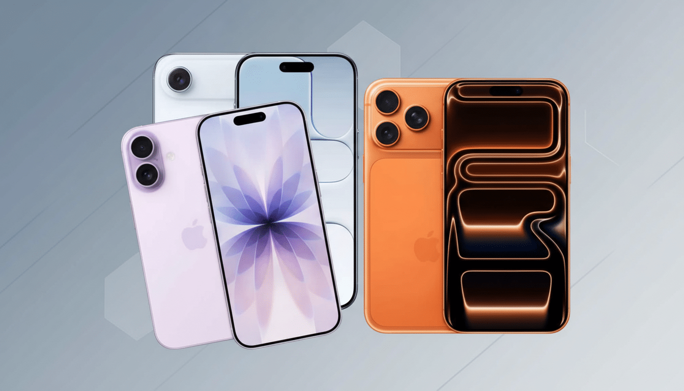 A professional flat design background with soft patterns and gradients featuring four smartphones. The phones are in various colors: light purple, white, light blue, and orange. The light purple phone is in the foreground on the left, followed by the white and light blue phones slightly behind it. The orange phone is on the right. All phones display sleek designs, with the light purple phone showing a floral wallpaper on its screen.