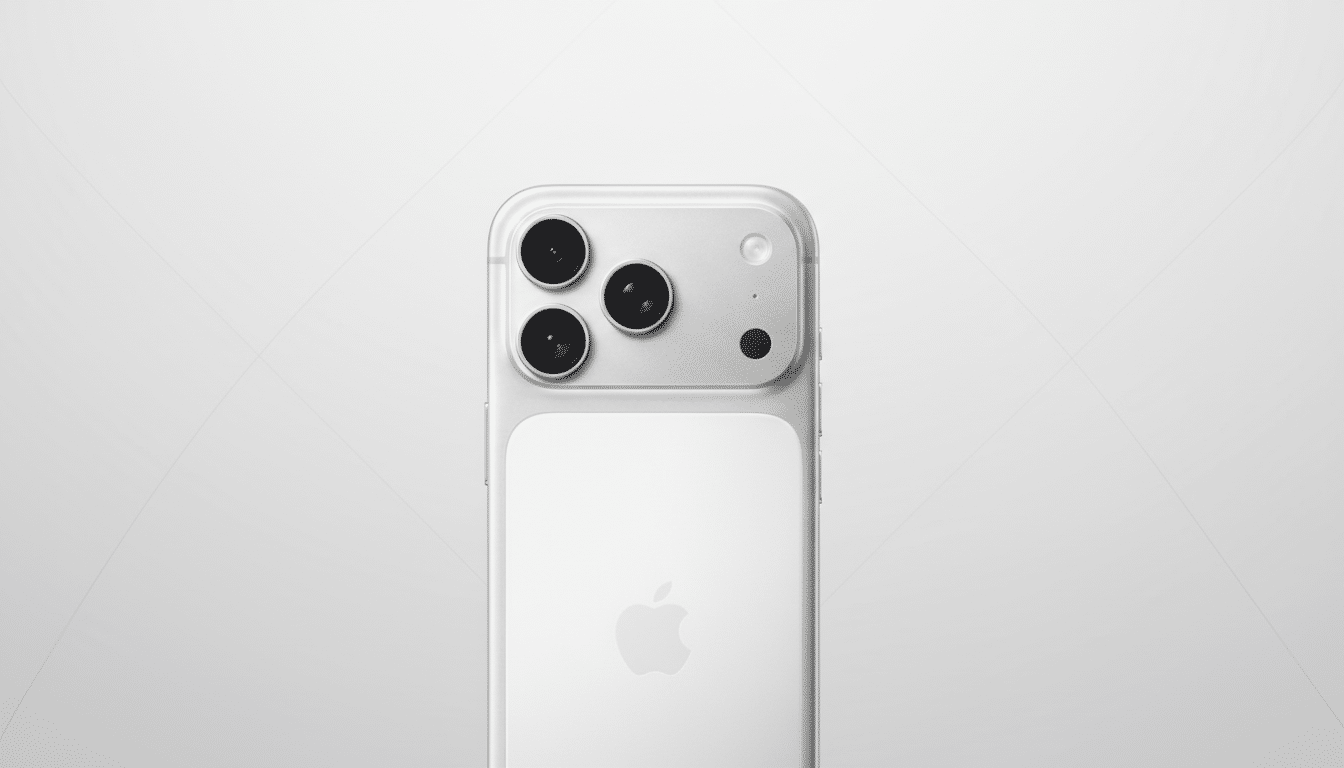A white iPhone with three camera lenses and an Apple logo on a light gray background with subtle geometric patterns.