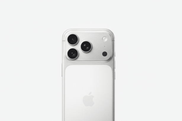 A white iPhone with three camera lenses and the Apple logo, presented in a 16:9 aspect ratio on a clean white background.