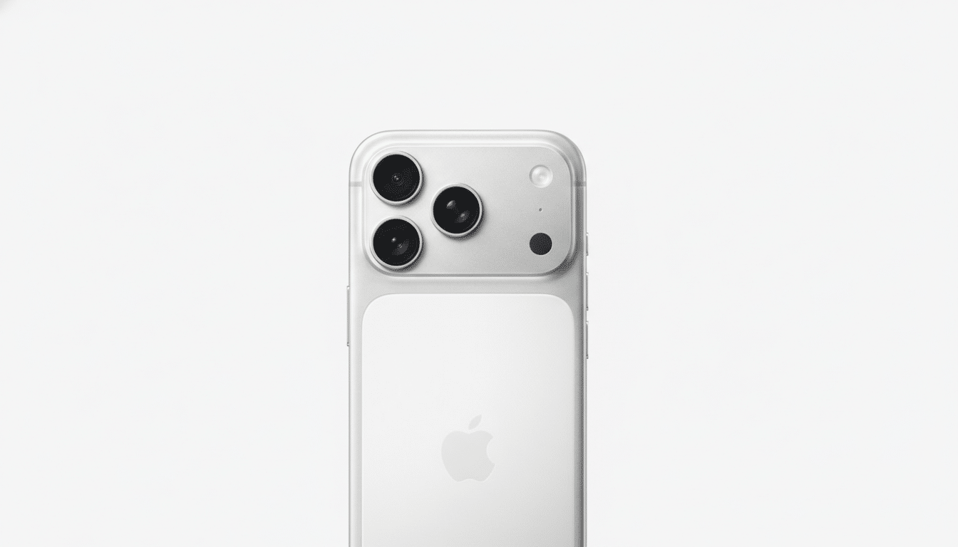 A white iPhone with three camera lenses and the Apple logo, presented in a 16:9 aspect ratio on a clean white background.