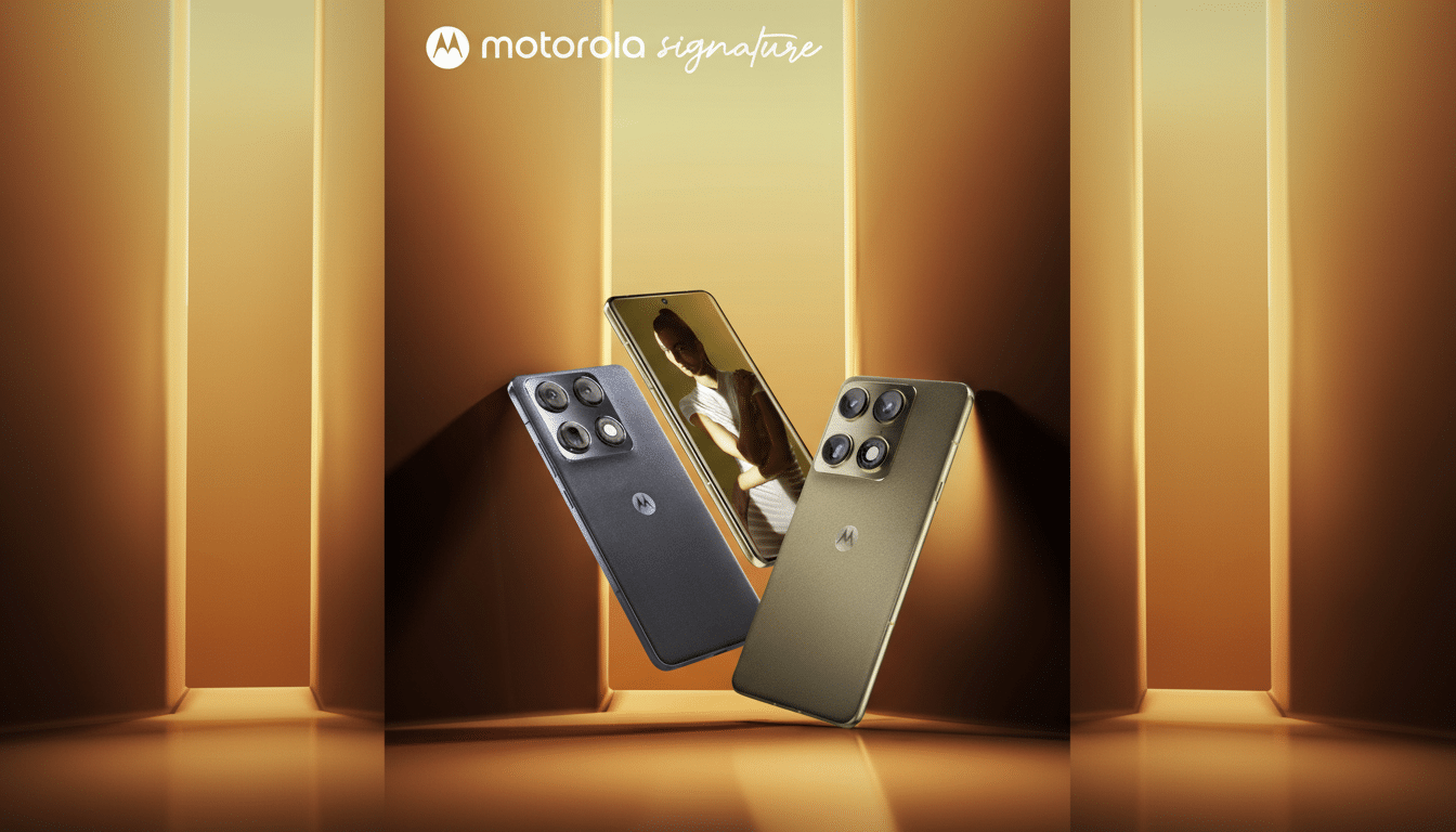 A 16:9 aspect ratio image featuring three Motorola Signature smartphones in a professional setting. The phones are displayed against a warm, golden background with vertical elements, and the Motorola logo is visible at the top.