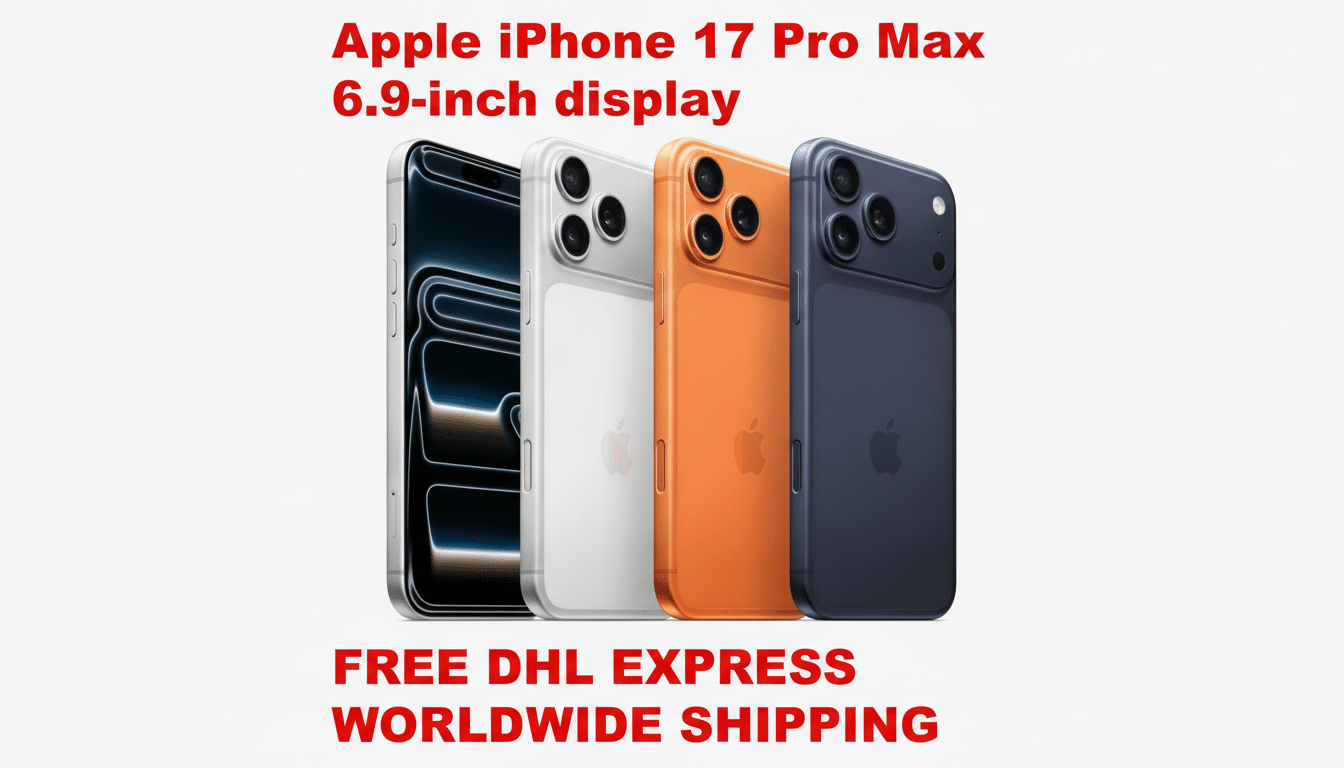 Four Apple iPhone 17 Pro Max phones in different colors (black, white, orange, and blue) are displayed on a white background with red text above and below.