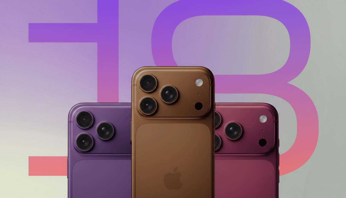 Three smartphones, one brown in the center and two purple on the sides, are displayed against a gradient background with a large, stylized 13 in purple.