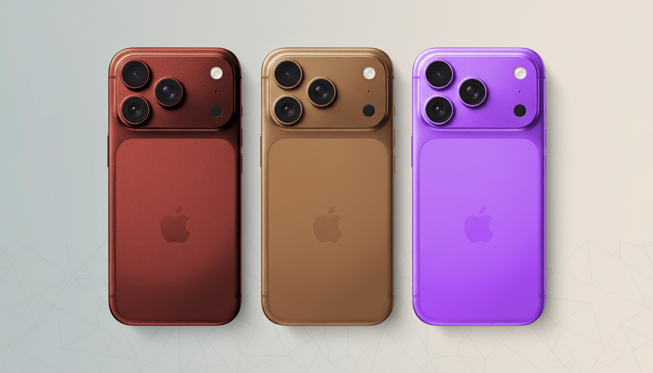 Three iPhones in red, gold, and purple, arranged horizontally on a professional flat design background with soft patterns.