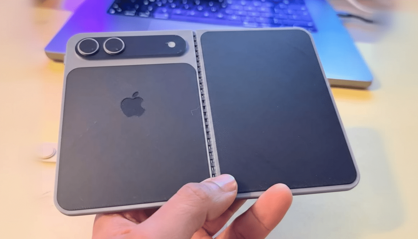 A hand holding a foldable phone with an Apple logo on the back, resized to a 16:9 aspect ratio.