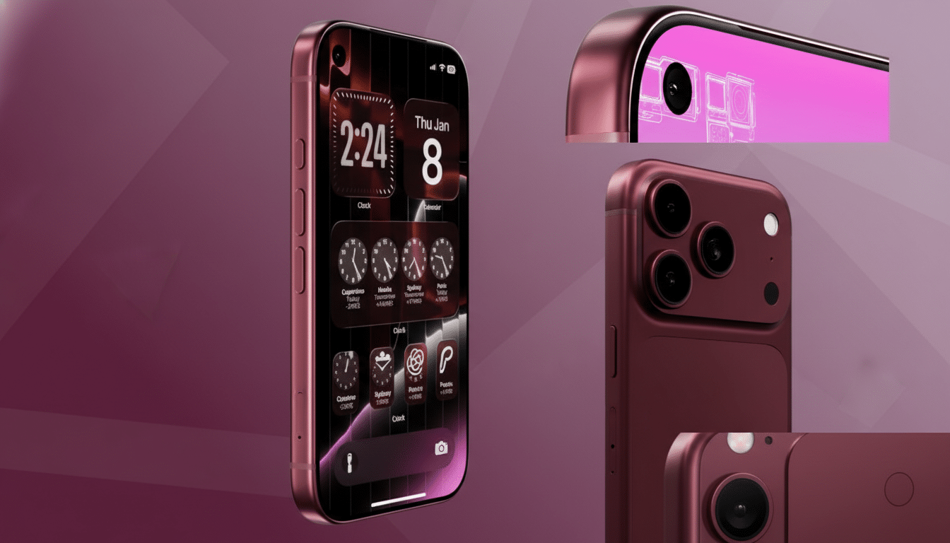 A professional image of a pink smartphone with a redesigned camera system and a screen displaying widgets, set against a soft gradient background.