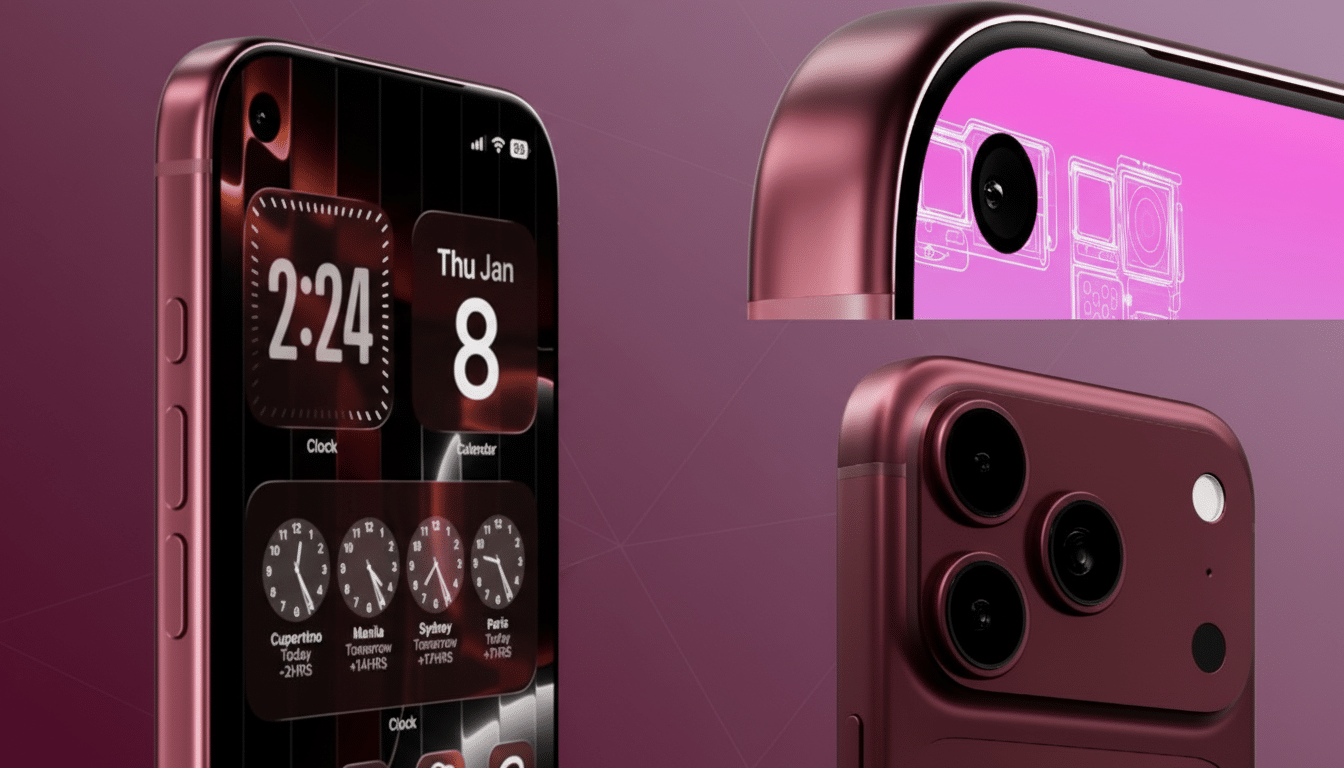 A 16:9 aspect ratio image of a pink smartphone with a redesigned camera system and a screen displaying widgets, set against a professional flat design background with soft patterns.