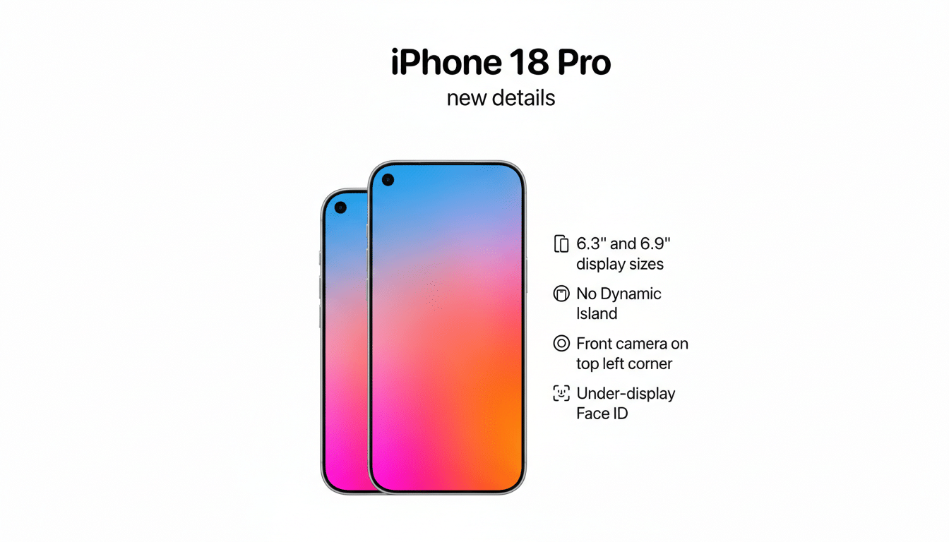 An image showcasing iPhone 18 Pro new details with two smartphone outlines, one slightly behind the other, displaying a gradient of blue, pink, and orange. To the right, a list of features includes 6.3 and 6.9 display sizes, No Dynamic Island, Front camera on top left corner, and Under-display Face ID.