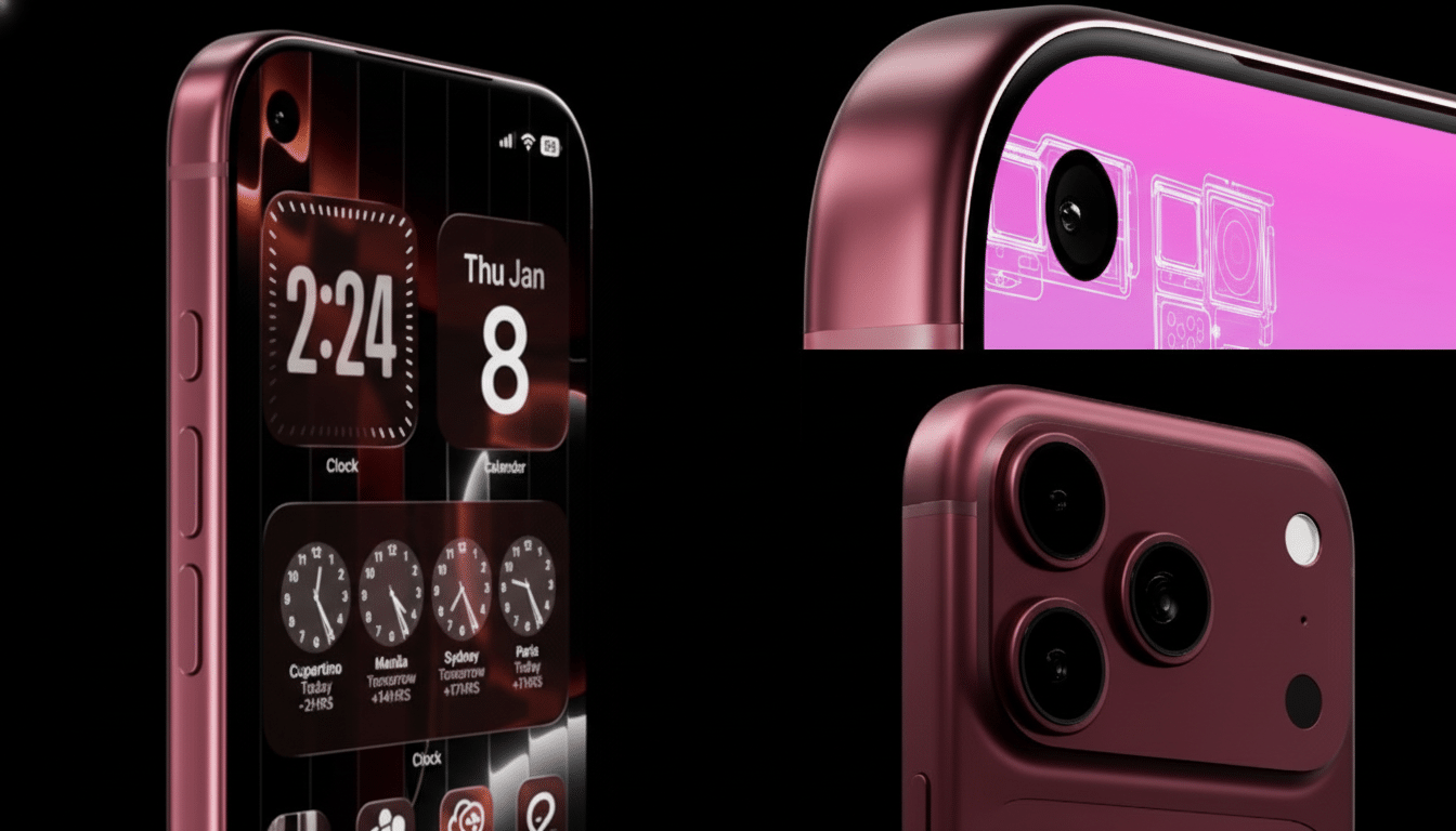 A professionally enhanced image of a pink smartphone, resized to a 16:9 aspect ratio. The image features three distinct views of the phone: a close-up of the screen displaying a clock and calendar widget, a top-down view highlighting the front camera, and a detailed shot of the triple-lens rear camera system. The background remains black, preserving the original aesthetic.