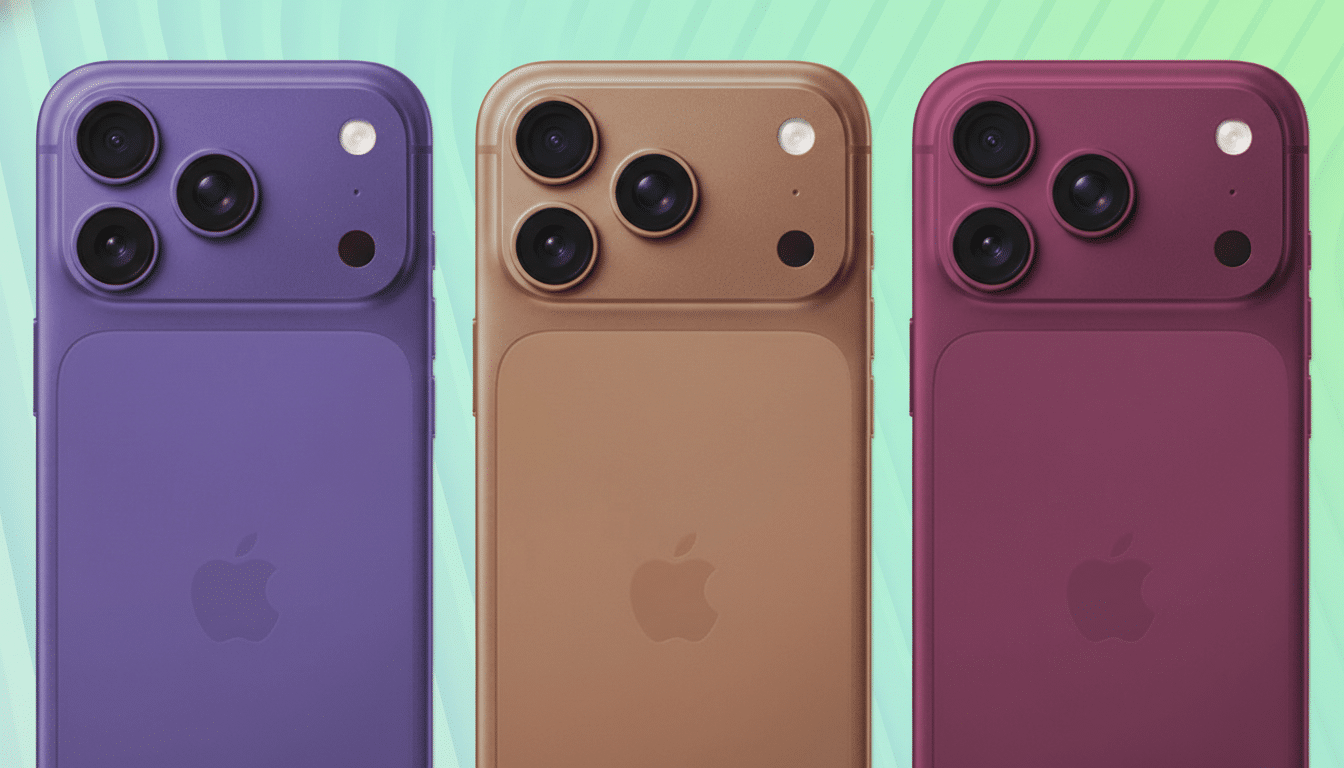 Three iPhones in purple, gold, and red, showcasing their camera arrays and Apple logos, set against a gradient background.
