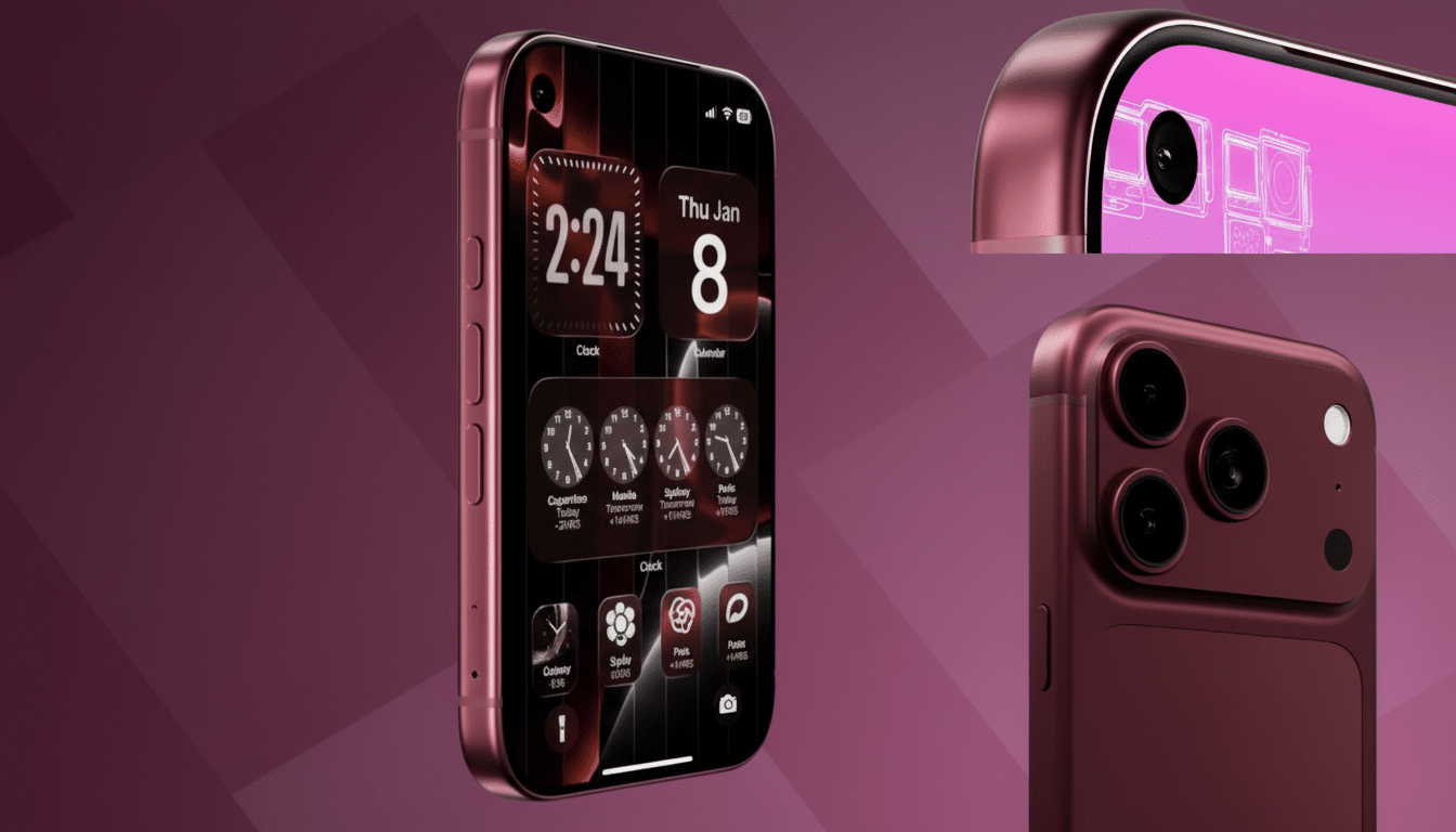 A professionally enhanced image of a maroon smartphone, resized to a 16:9 aspect ratio. The phones screen displays a clock and calendar widget, and details of its camera lenses are visible in close-up insets. The background is a professional flat design with soft patterns and gradients.
