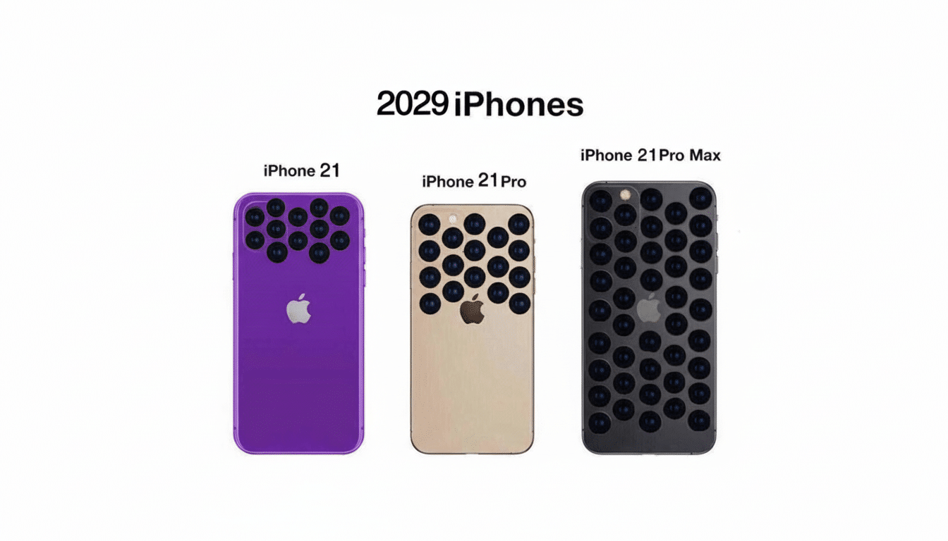 An image titled 2029 iPhones showing three conceptual iPhone models with multiple camera lenses on their backs. From left to right, they are iPhone 21 (purple with 16 lenses), iPhone 21 Pro (gold with 18 lenses), and iPhone 21 Pro Max (dark gray with 24 lenses). The background is a clean white.