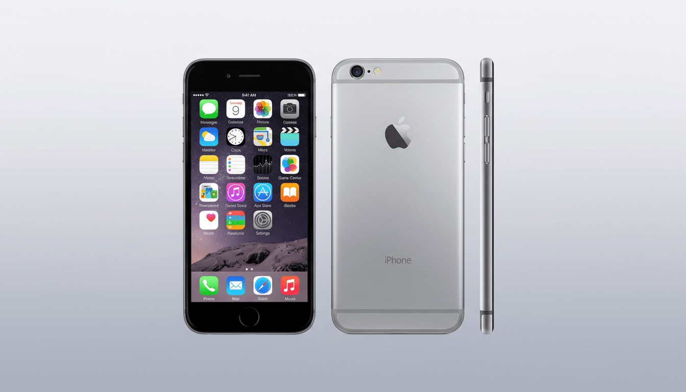 A professional 16:9 aspect ratio image of an iPhone 6, showcasing its front with the home screen, its silver back with the Apple logo, and its side profile, all presented against a clean, soft gradient background.