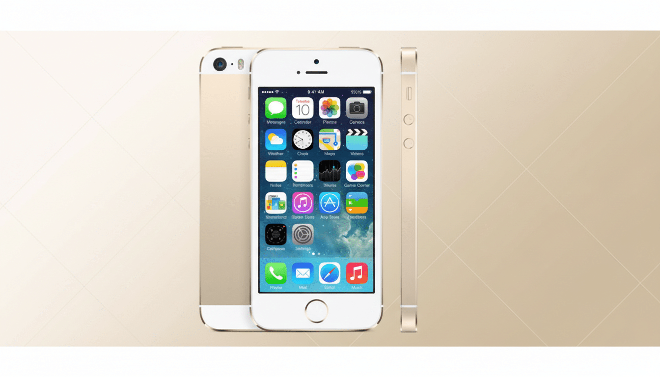 A gold iPhone 5s displayed in a 16:9 aspect ratio with a professional flat design background featuring soft patterns and gradients.