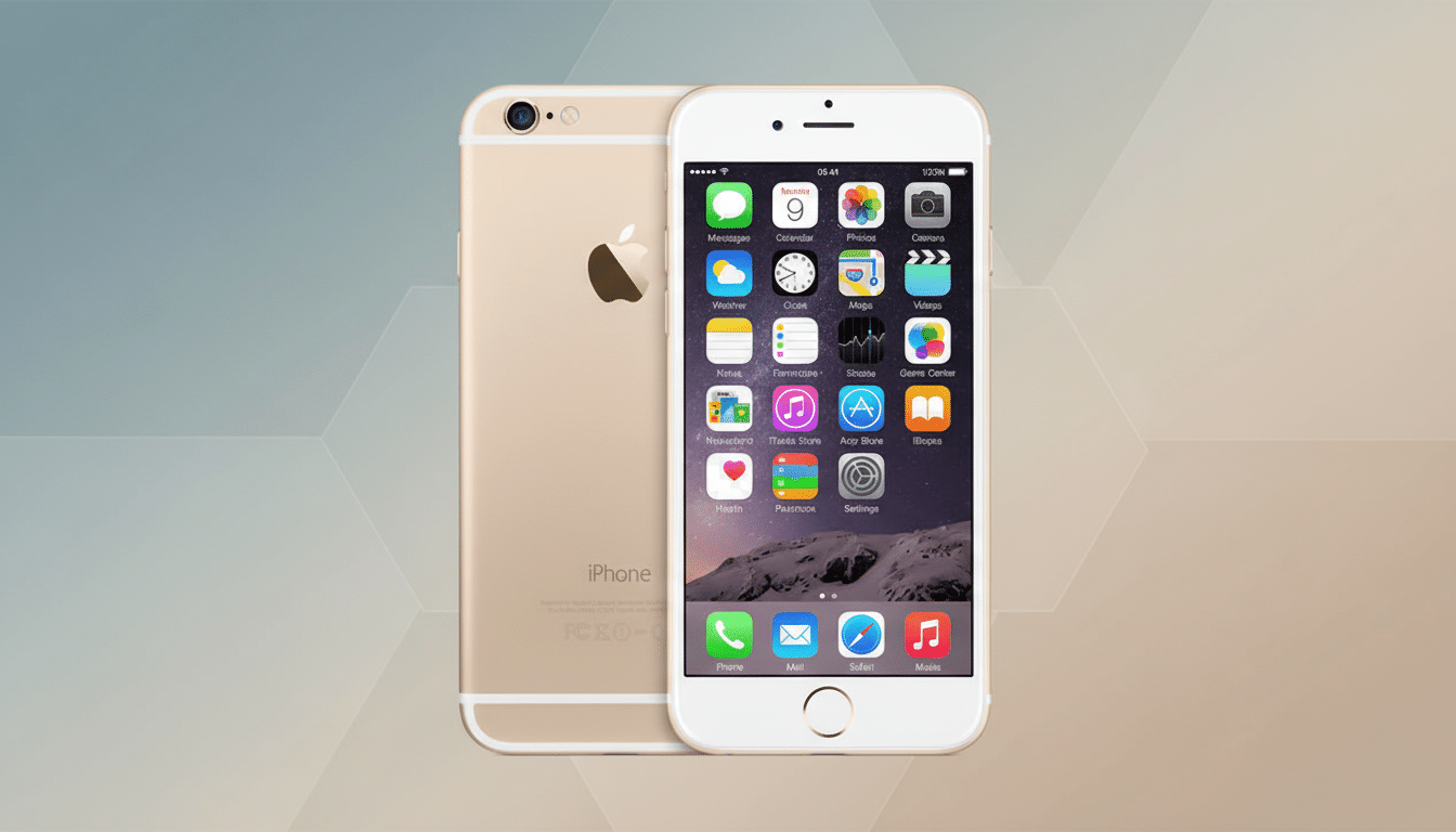 A gold iPhone 6s, with its front and back visible, set against a professional flat design background with soft patterns and gradients.