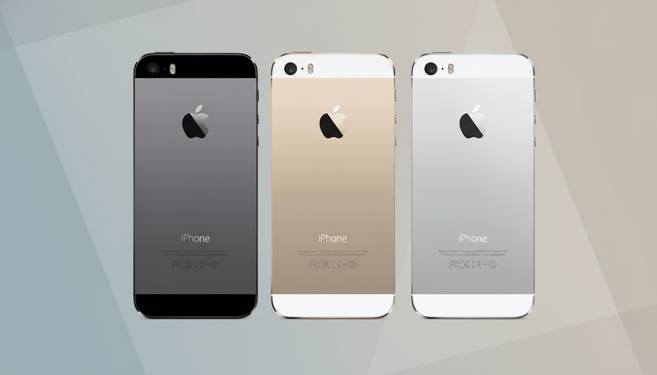 Three iPhone 5s models in black, gold, and silver, presented on a professional flat design background with soft patterns and gradients.