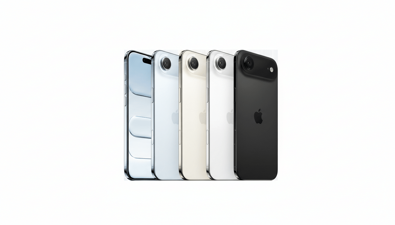 Five iPhones in different colors (blue, silver, gold, white, and black) are arranged in a row, presented on a clean white background.