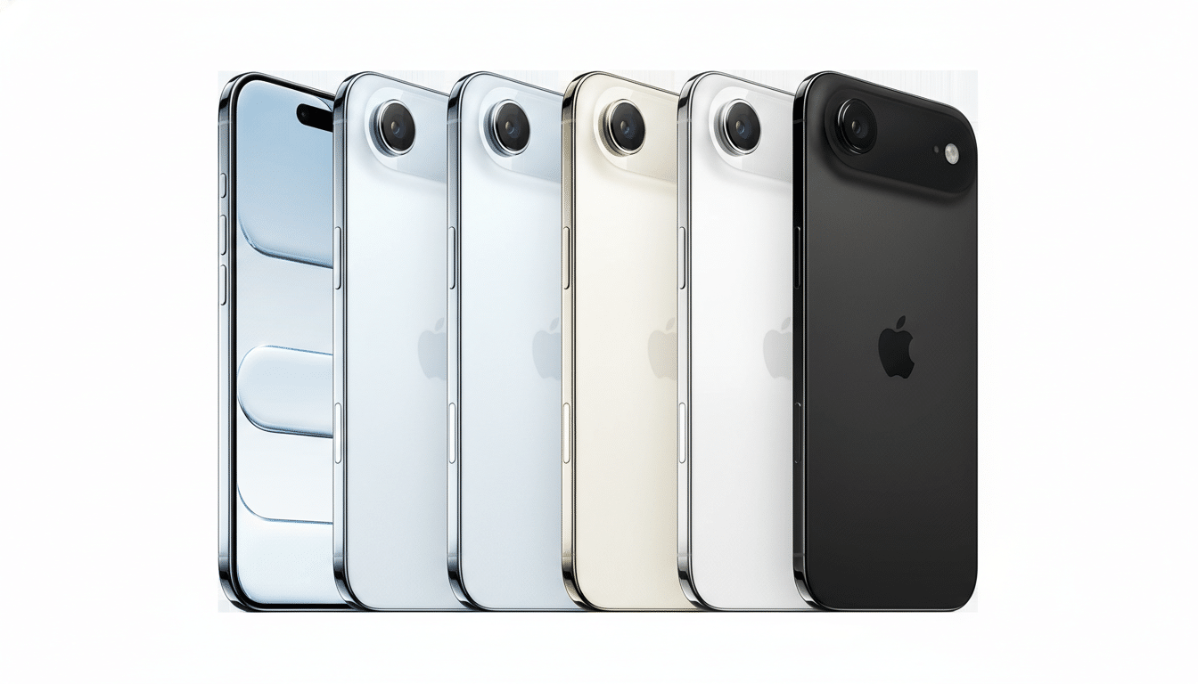Five iPhones in various colors (blue, silver, gold, white, and black) are displayed in a row, slightly angled, against a clean white background.