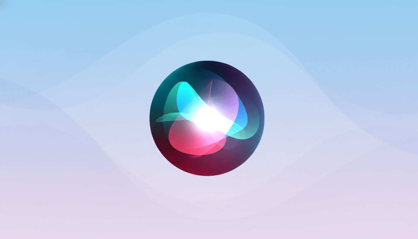 The Siri icon, a glowing, multi-colored orb, centered on a professional flat design background with soft blue and pink gradients and subtle wave patterns.