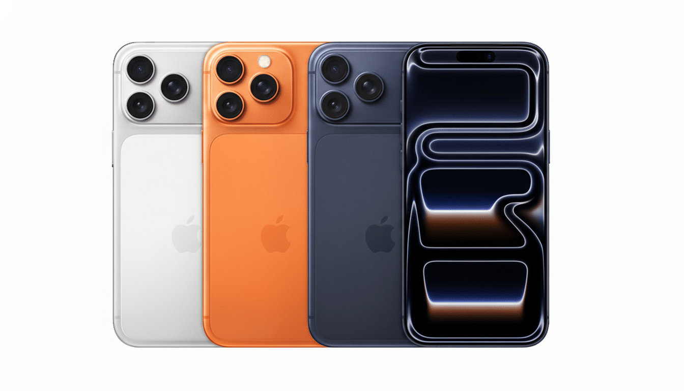 Four iPhones in white, orange, dark blue, and black, arranged side-by-side on a white background.