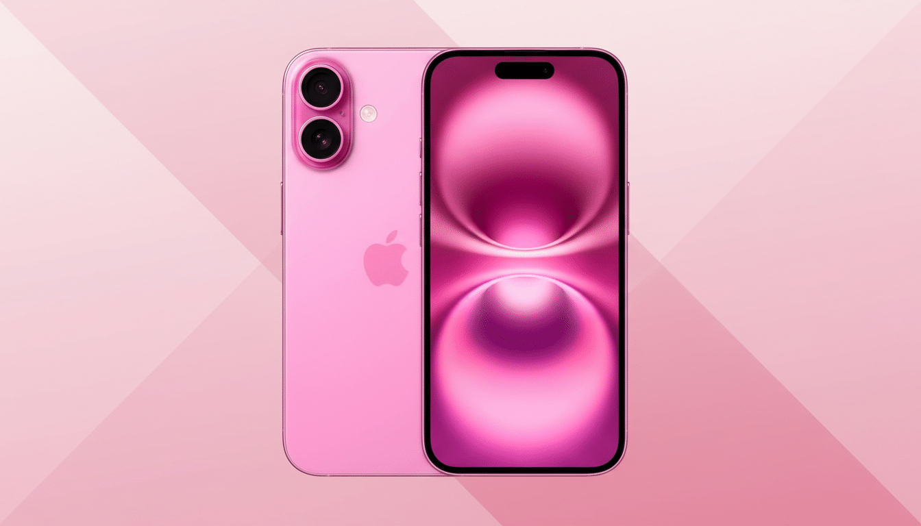 A pink smartphone with a dual-camera system on the back and a screen displaying a pink abstract design, set against a soft pink background with subtle geometric patterns.