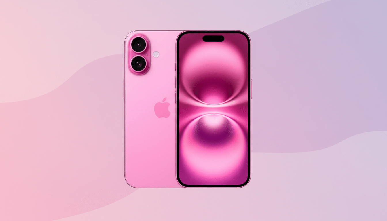 A pink smartphone with a dual-camera system on the back and a screen displaying a pink abstract design, set against a professional flat background with soft pink and purple gradients and subtle wave patterns.