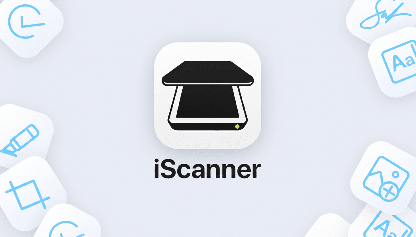 The iScanner app icon, featuring a black scanner graphic on a white rounded square, centered on a light blue background with various light blue outline icons in rounded white squares scattered around the edges.