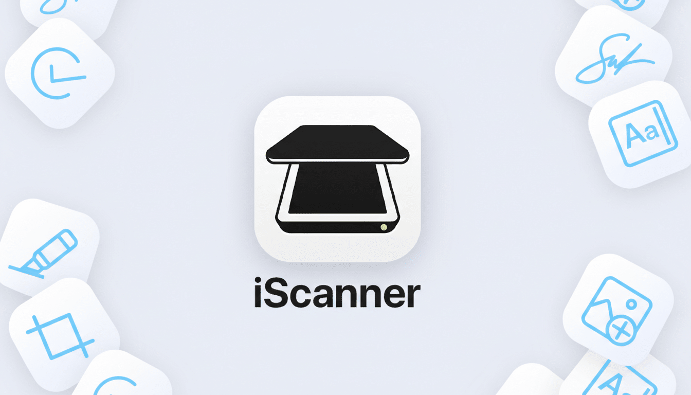 The iScanner app icon, featuring a black scanner graphic on a white rounded square, centered on a light blue background with various light blue outlined icons in rounded squares scattered around the edges.