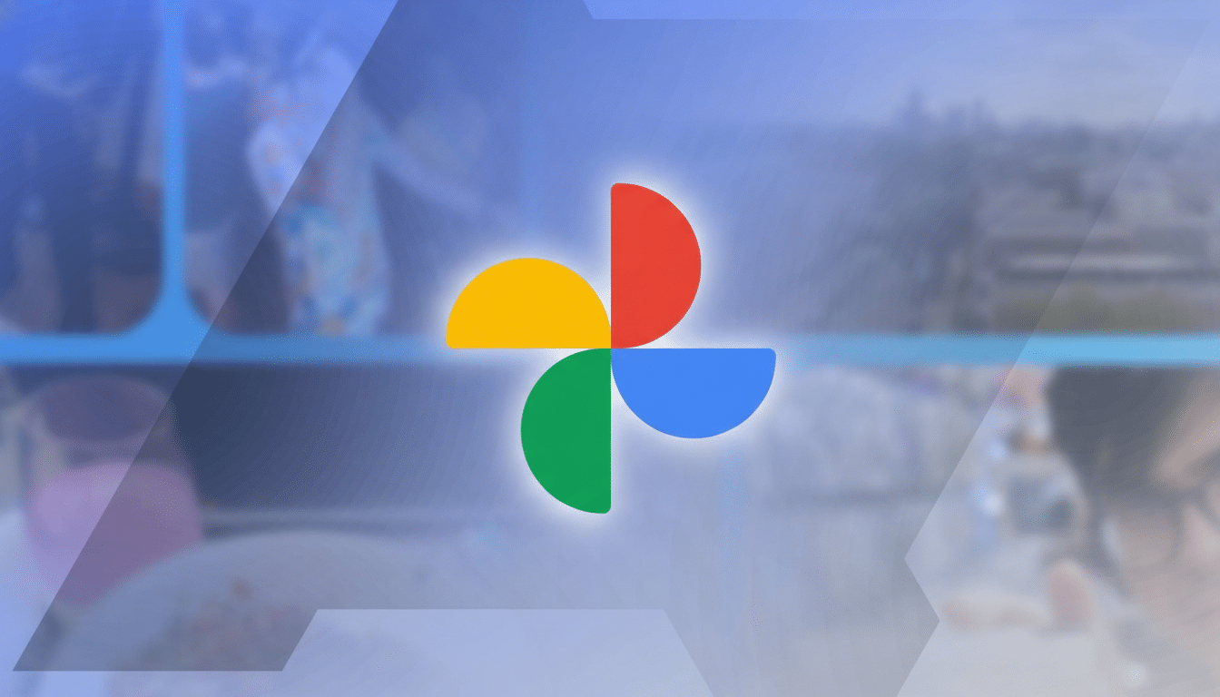The Google Photos logo, a colorful pinwheel design, centered on a blurred background of people and a cityscape, resized to a 16:9 aspect ratio.