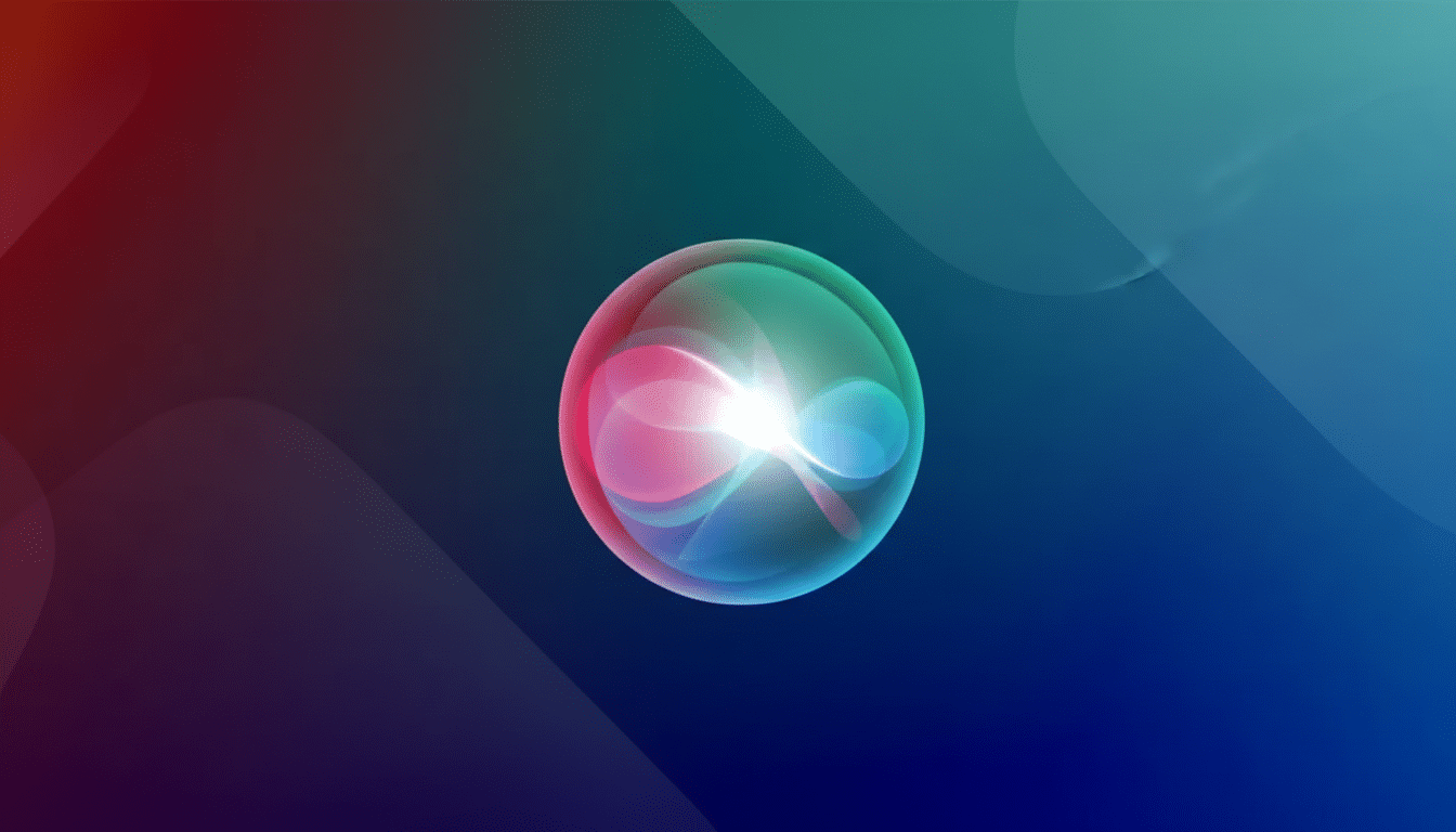 A 16:9 aspect ratio image featuring the Siri icon, a translucent sphere with swirling pink, blue, and white light, centered against a gradient background that transitions from dark red on the left to dark blue on the right, with subtle, soft wave patterns.