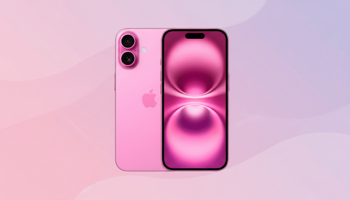 A pink smartphone with a dual-camera system on the back and a screen displaying a pink abstract design, set against a soft pink and purple gradient background with subtle wave patterns.