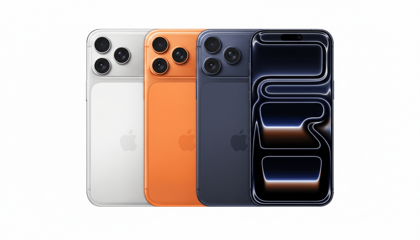 Four iPhones in white, orange, dark blue, and black, arranged side-by-side on a white background.